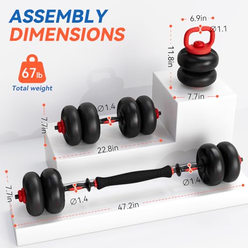 LIFERUN Adjustable Dumbbell Set, Soft PVC Coated, 45lbs/67lbs Free Weight Set Home Gym, 4-in-1 Used As Barbell, Dumbbells, Kettlebell, Weight Plates, Weights Dumbbells Set, Space Saving Fitness Exercise For Men/Women - color: Black, style: 67lb