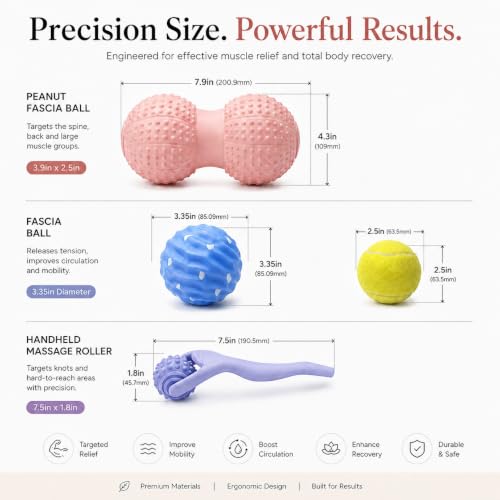 Massage Ball Set Peanut Ball 3.35"Fascia Ball for Foot Handle Ball for Back | 3 in 1 Silicone Fascia Ball Myofascial Release Kit for Plantar Fasciitis Deep Tissue Trigger Point