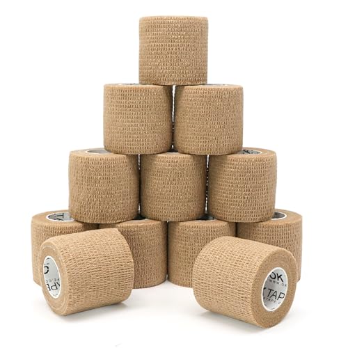 OK TAPE 12 Rolls Self Adhesive Bandage Wrap, Elastic Athletic Tape, Self Stick Bandage Tape, Vet Wrap, Medical Wrap for Wrist, Feet, 2" x 5 Yards - Beige - color: Beige, size: 2 Inch