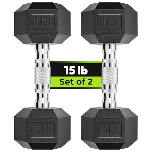 HANDBODE Hex Dumbbell Set of 2, Rubber Encased Fixed Dumbbells, 2.5-65 lb | Non-Slip Comfortable Handles, Hand Weights for Strength Training, Ideal for Home Gym Workouts - size: 15 lb, Pair, style: Chrome Handle
