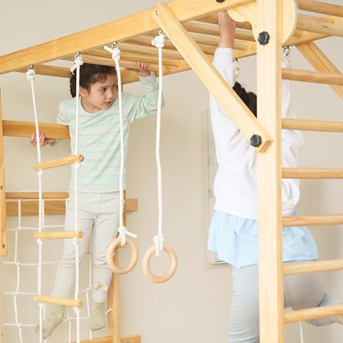 Avenlur Grove 8-in-1 Indoor Jungle Gym with Gymnastic Rings, Climbing Rope, Swing, Slide, Monkey Bars, Rope Wall Net, and Wooden and Rope Ladder - Jungle Play Set for Kids Ages 2-11 Years Old - color: Natural Wood