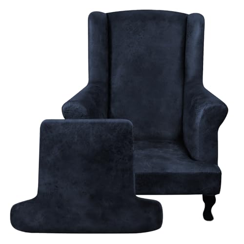 ANARACHON Leather Look Wingback Chair Covers, 2-Piece Wing Chair slipcover,Stretch Wing Back Armchair Slipcovers with Elastic Bottom, Soft Spandex Furniture Protector for Living Room (Navy) - color: Navy