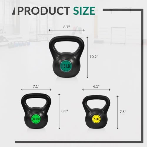3-Piece Wide Grip Kettlebell Set, 5 10 15 lbs Vinyl Coated Black Weights | 3-Piece Wide Grip Kettlebell Set5/10/15 lbsVinyl Coated Full Body Workout, Durable, for Home Gym Strength Training