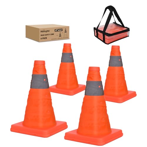 Nilight 12 Inch Collapsible Traffic Safety Cones 4 Pack - Bright Orange Parking Cones with Reflective Collars for Roadside Emergency, Parking, Driving Practice - size: 12 Inch