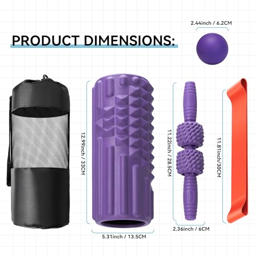 5 in 1 Foam Roller Set, High Density Patented Exercise Roller | Deep Tissue Massage Roller Stick, Massage Ball, Resistance Band for Pilates, Yoga, Whole Body Fitness Exercise, Purple - color: Purple