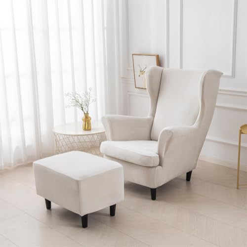 NILUOH Thick Velvet Wingback Chair Slipcovers 2-Piece, Stretch Wing Chair Covers Soft Sofa Slipcover Wing Back Armchair Cover Furniture Protector for Living Room - color: Ivory White