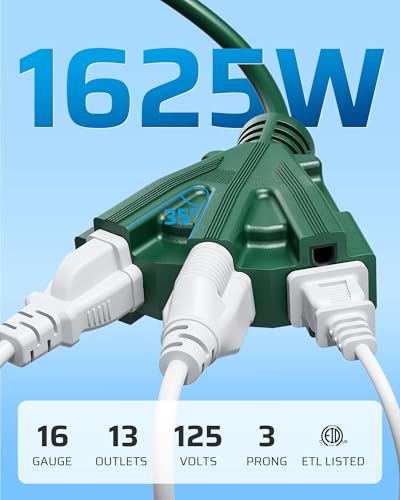 DEWENWILS 15FT Outdoor Extension Cord, Green Extension Cord 13A/1625W, Weatherproof 16/3 SJTW Power Cable with Multiple Outlet, Holiday Decor Landscaping String Lights, ETL Listed, 1 Pack - color: Green, size: 15 Feet, style: 1 Pack