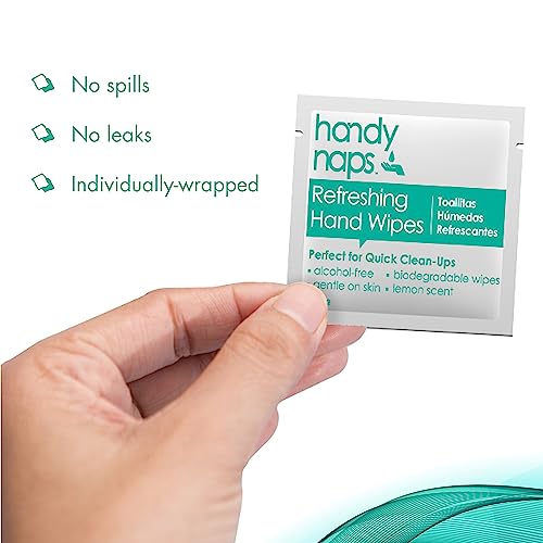 Handynaps Alcohol-Free Hand Wipes With Fresh Lemon Scent, Gentle On The Skin - Box of 100 Individually Wrapped Wipes For Adults and Kids, Travel Essentials - size: 100 Count (Pack of 1)