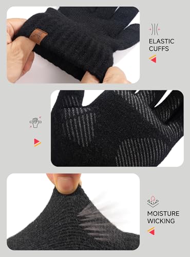 TRENDOUX Merino Wool Winter Gloves: Touch Screen Knitted Gloves Warm Thin Non-slip Glove for Men Women Driving Running Gift - color: Black, size: Medium