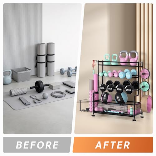 Garvee Dumbbell Rack, Weight Rack for Home Gym, Weight Rack for Dumbbells with Hooks, Home Gym Storage Rack for Yoga Mat Kettlebells and Strength Training Equipment, Powder Coated Finish Steel