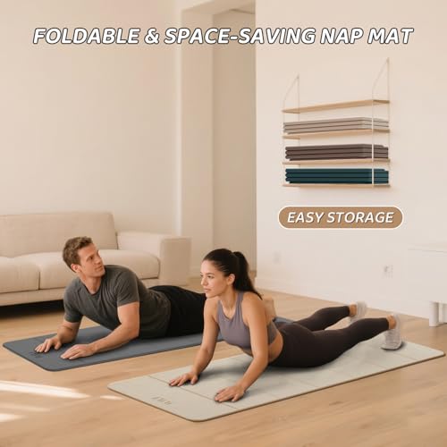 ILILI Foldable Yoga Mat 71 * 24 * 0.3 Inch | Lightweight TPE Non Slip Exercise Mat, Waterproof Portable Fitness Mat for Home Gym, Pilates, Stretching & Daily Workouts - color: Beige