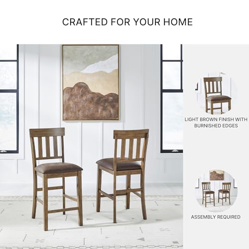 Signature Design by Ashley Wood Counter Height Bar Stools, Set of 2, Brown | Wipeable faux leather seat on sturdy wood frame, Farmhouse style ideal for 35-37 in kitchen islands, Vallister Series - color: Light Brown, style: Barstool