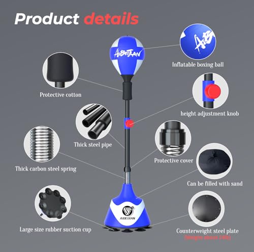 Freestanding Reflex Bag,Punching Bag with Stand,Height Adjustable,Speed Punching Ball for Reaction & Fitness Training - Stress Relief Workout for Adults，Boxing Equipment for Home Gym - color: Blue-2