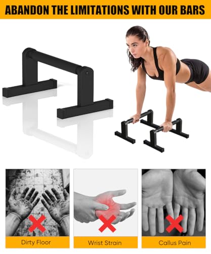 Push Up Bars, Heavey Duty Parallettes Dip Bar with Non-slip Grips for Calisthenics Planche L Sit Handstand Fitness Floor Workout, Pushup Station Handles Stand for Gym Strength Training - color: black