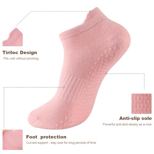 5 Pairs Pilates Socks with Grips for Women Non Slip Grip Yoga Crew Socks for Barre Hospital Barefoot - color: A - Purple White Pink Gray Black