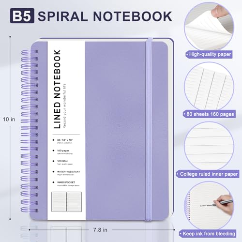 Lined Spiral Journal Notebook with 160 Pages, 7.8×10in, B5 Spiral Notebook, Journaling Notebooks for Work, School, Women, Men, College Ruled Spiral Notebook, Hardcover Leather Journals, Purple - color: Purple, size: B5