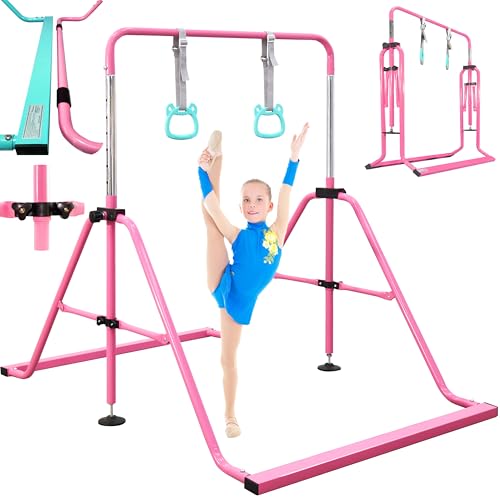 Folding Gymnastics Bar with Rings, Foldable Kip Bar with Sturdier Base, Training Bar for Kids Ages 3-10, Horizontal Bar, Home Gym Equipment for Boy Girl - color: Pink, style: Foldable Bar