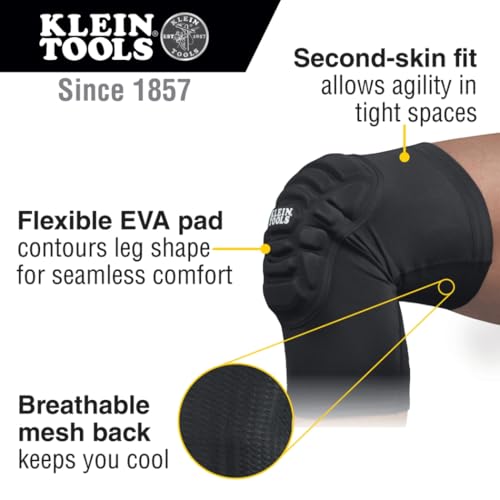 Klein Tools 60592 Knee Pads, Lightweight Padded Knee Sleeves, Breathable Mesh Back, Elastic Cuff with Slip-Resistant Silicone, Black, L/XL - size: L/XL