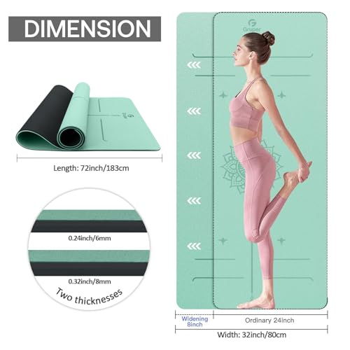 Gruper Yoga Mat Non Slip TPE Extra Wide Yoga Mat with Alignment Mark, 72"L x 32"W x 0.32"/0.24"Th (183cm x 80cm x 8mm/6mm), Anti-Tear Exercise Mat with Carrying Strap and Bag, Workout Mats for Yoga, Pilates - color: Green Black, size: 0.32*32*72 Inches