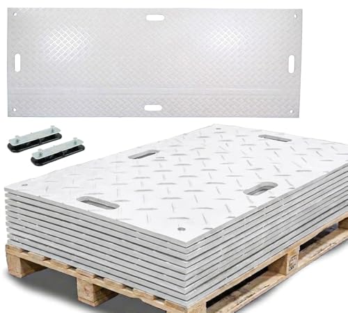 Mytee Products 12 Pack 3' x 8' White Ground Protection Mats with Diamond Plated Tread Design & 22 Pcs Single Connectors - Polyethylene Mat, Easily Supports 90 Ton Loads on Lawns, Dirt - color: White, size: 12 - Pack
