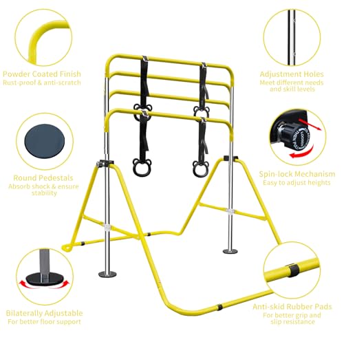 Gymnastics Bars for Kids with Rings, Junior Kip Training Bars Equipment for Home, Folding Height Adjustable Horizontal Bars - color: Yellow