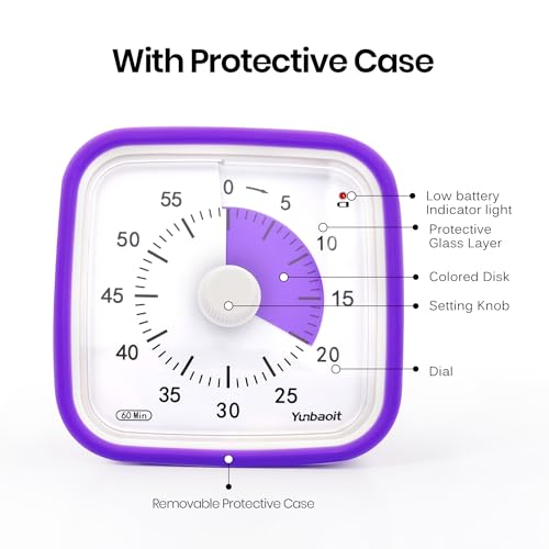 Yunbaoit Visual Timer, Silent 60-min Countdown Timer for Kids, Purple | Protective Case, Time Management Tool, Mute and Ringing Alarm Available, Low Power Reminder, for Study,Game,Work,Fitness etc - color: Purple