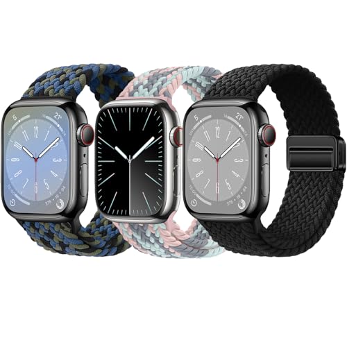 3 Pack Braided Sport Loop Band Compatible with Apple Watch Bands Ultra 3&2 1 49mm 46mm 45mm 44mm 42mm 41mm 40mm 38mm Men Women; Stretchy Nylon Solo Loop Strap for iWatch Series 11 10 9 8 7 6 SE 5 4 3 - color: Black/Gray Pink Blue/Blue Camouflage, size: 42
