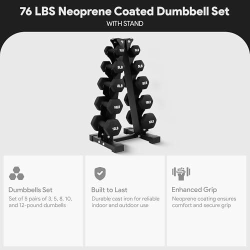 BalanceFrom Neoprene Coated Iron Dumbbell Hex Weights Set with Stand – Color-Coded or Black Options with Non-Slip Grip for Strength Training, Resistance Workouts, and Home Gym Fitness - style: 76LBS Set