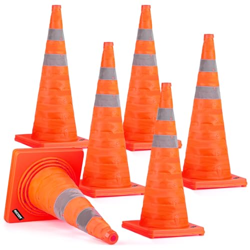BATTIFE [6 Pack] 28 Inch Collapsible Traffic Safety Orange Cones, Multi Purpose Pop-up Cones and Reflective Collar, for Road Parking, Driving Practice - size: 28inch
