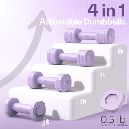 Adjustable Dumbbell Set of 2: Sportneer 4 in 1 Free Weights Dumbbells Set for Women, Hand Weights for Women at Home, Available in 5 lb × 2 and 10 lb × 2 Sets with Soft Rubber Handle for Home Gym Exercise Training - color: Aura Lavender, size: 5lb × 2