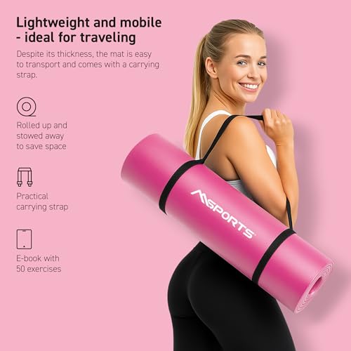 MSPORTS Yoga Mat Premium Non Slip Thick – Extra Comfortable Exercise Mat for Home Workouts, Pilates, Stretching & Gym – Cushioned NBR Foam, Gym Mat with Strap, for Women & Men - color: Pink