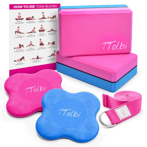 TTolbi Yoga Starter Kit - Yoga Blocks 2 Pack, Strap & 2 Knee Pad Cushions | Non-Slip EVA Foam Equipment for Stretching, Flexibility & Joint Comfort | Home Pilates Set for Beginners, Women & Men