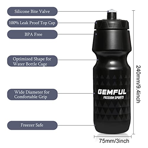 GEMFUL Bike Water Bottle BPA Free 750 ml 2 Pack | BPA Free, Leakproof, Squeeze Design For Easy Hydration, Fits Standard Bike Cages, Reusable & Durable, for Bicycle, Bike, MTB - color: Black