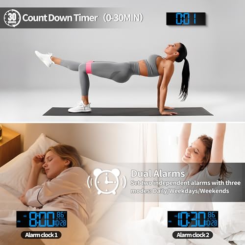 16.5" Digital Wall Clock with Bluetooth Auto-Sync, Large LED Display, Smart Auto Dimming, DST, Remote Control, Night Light, Date & Temperature for Living Room,Black - color: Balck-blue