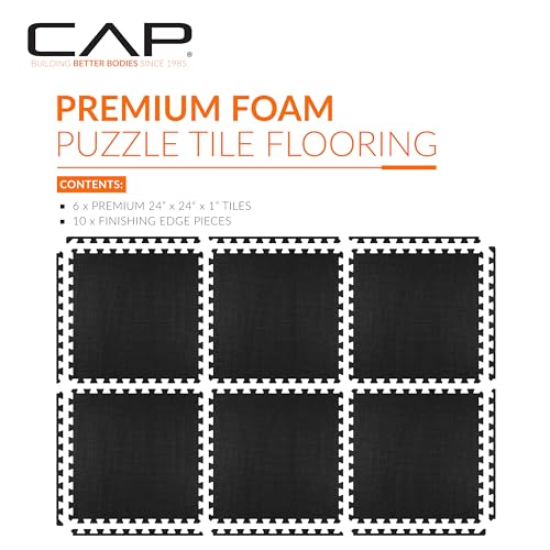 CAP Puzzle Exercise Mats | 1” Thick EVA Interlocking Foam Tiles for Home Gym Flooring | Multiple Options - color: T - Black, style: 6 Tiles (24 SQ FT)