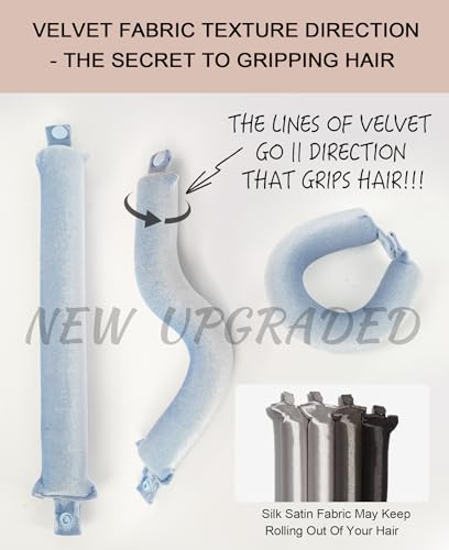 Grande Heatless Curls Overnight Rods - Upgraded Directional Grip Velvet - No Heat Hair Curlers to Sleep, Jumbo Large Hair Rollers Flexible Curling Rods Set for Long Thicker Coarser Hair Blowout Look - color: Pale Blue