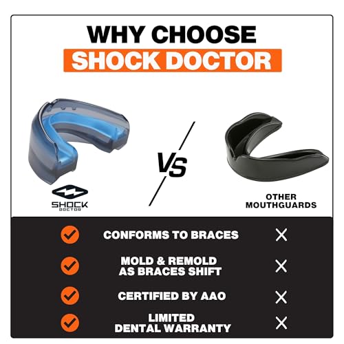 Shock Doctor Braces Football Mouth Guard, Upper and Lower Teeth. Convertible, Ultra Double Protection, Comfortable and Durable Mouthguard. - color: Blue