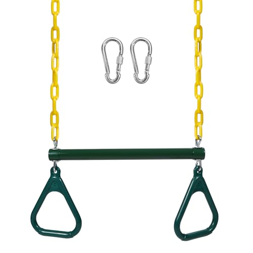 RedSwing Trapeze Swing Bar with Triangular Gymnastic Rings, Kids Swingset Heavy Duty Coated Chains with Carabiners, Outdoor Swing Play Playground Accessories, Green and Yellow - color: Green Yellow