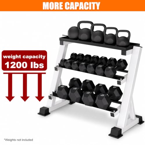 Heavy Duty 3 Tier Dumbbell Rack Stand, 1200LBS Commercial Weight Storage Organizer for Home Gym (Select Frame Type: Kettlebell Flat Tray, All Rails, or Rolling Wheels), Stand Only - color: 3-Tier (Top Tray)- White