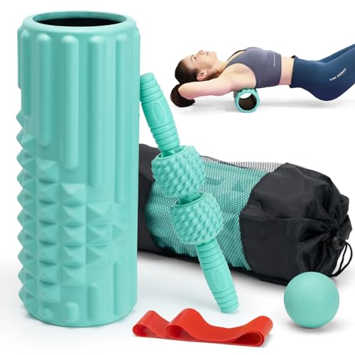 5 in 1 Foam Roller Set, High Density Patented Exercise Roller | Deep Tissue Massage Roller Stick, Massage Ball, Resistance Band for Pilates, Yoga, Whole Body Fitness Exercise,Tiffany Green - color: Tiffany Green