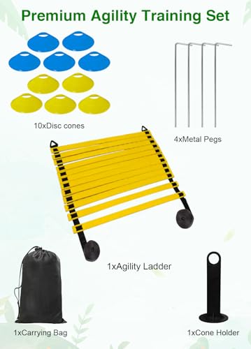 Hands Free Speed Agility Training Equipment Set - 20ft Agility Ladder, 10 Disc Cones, Resistance Parachute, 5 Resistance Bands & Carry Bag | Football Soccer Basketball Fitness Drills - color: Yellow-1