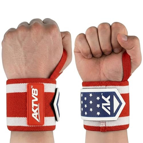 AKTV8 Wrist Wraps for Weightlifting, 18"&24" Heavy Duty Stiff Wrist Support | 3inch Wide Firm Elastic, Reinforced Thumb Loop, Built for Heavy Bench Press, Overhead Press, Powerlifting & Strength Training - color: Red/White, size: 18 Inches