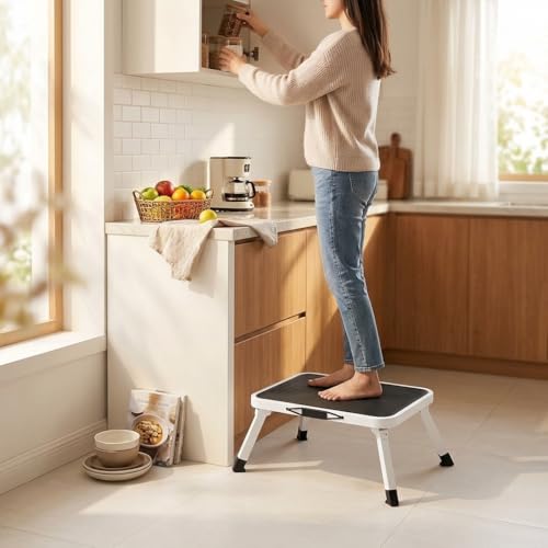 Heavy Duty Metal Step Stool, 15-Inch Portable Folding Step Platform with Non-Slip Surface, Compact Car Wash Stool for RV, Home, Kitchen and Outdoor Use, Black and White