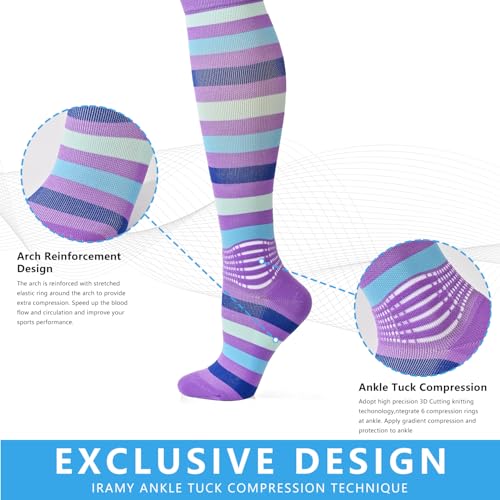 IRAMY Compression Socks Women Ankle Support Gradient Compression Wicking Moisture Knee High Socks 3 Packs - color: Black/White+black/Blue+dark Blue-3 Packs, size: Large