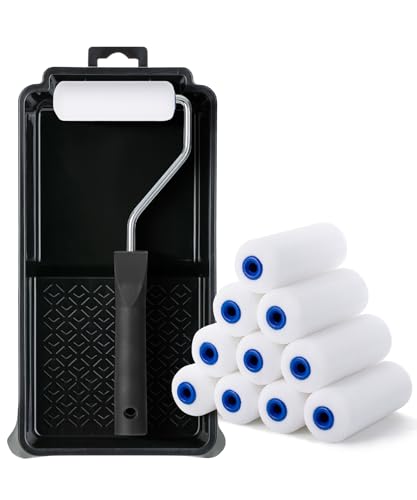 Bates- 4 Inch Foam Paint Roller Set, 12 pcs, Small Paint Roller Kit Includes 1 x Plastic Paint Tray, 1 x Roller Frame & 10 x White Foam Covers