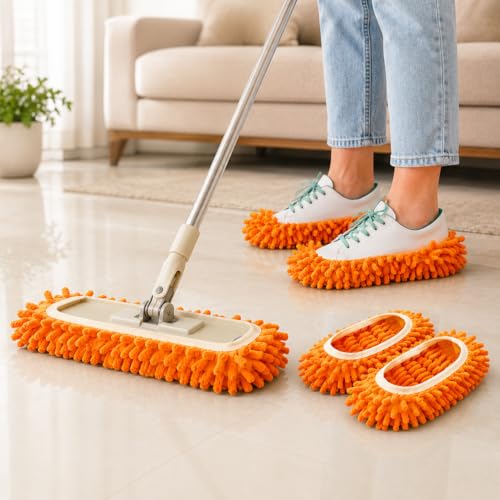 Mop Slippers Floor Cleaning Slippers Reusable Slipper Mop Covers Wearable Floor Cleaner for Household Indoor Use ,Orange Color - color: Orange Color