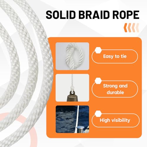 SDHUATUO 1/2 Inch Nylon Solid Braided Rope, 100FT Polyester Cord White | 2860 lbs, UV Resistant & Wearproof, Soft Flexible Rope for Swings, Camping Tent, Flagpole, Marine and Outdoor Twine, Boating - color: White, size: 1/2''-100ft