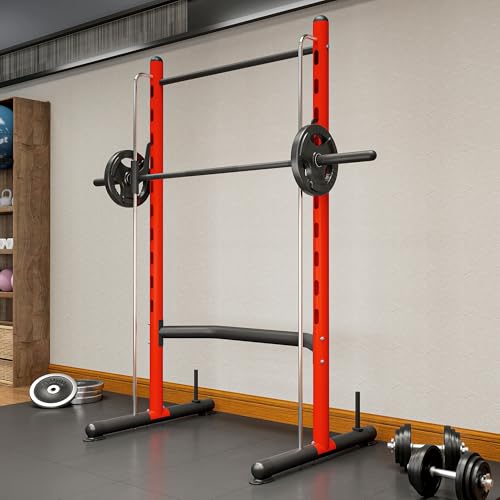 Soozier Squat Rack with Pull-Up Bar, Adjustable Power Rack with Barbell Bar, Multi-Functional Steel Bench Press Rack for Home Gym Strength Training, Black - color: Red