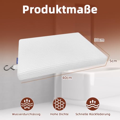 Gooo&Ma Shower Cushion, Non-Slip Air Fiber Bath Pad, White | Waterproof, 3D mesh quick-dry, hook, for shower bench/chair, elderly & pregnancy, 16"x12"x2", washable - color: White