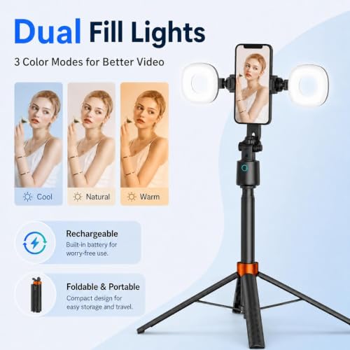 70" Auto Face Tracking Tripod with Light, 360° Smart Phone Stand with Remote, Selfie Stick for iPhone Android, No App Needed, Video Recording Vlogging Live Streaming